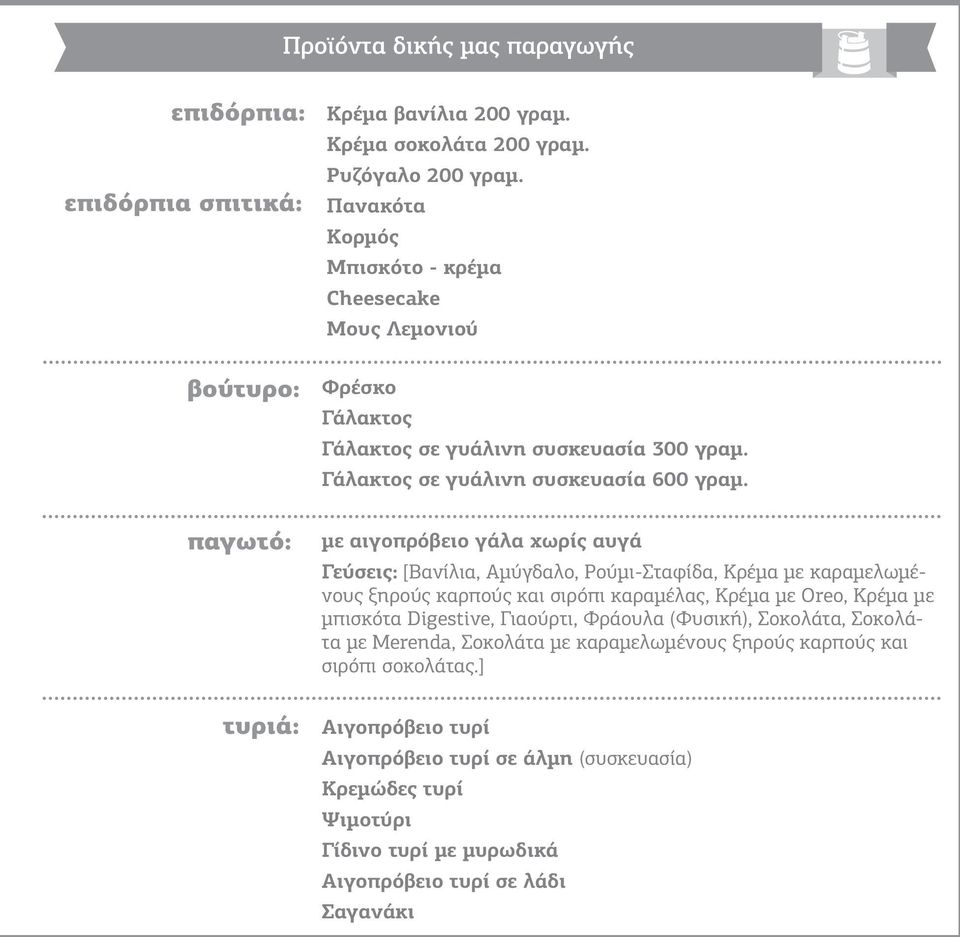 παγωτό: με αιγοπρόβειο γάλα χωρίς αυγά Γεύσεις: [Βανίλια, Αμύγδαλο, Ρούμι-Σταφίδα, Κρέμα με καραμελωμένους ξηρούς καρπούς και σιρόπι καραμέλας, Κρέμα με Oreo, Κρέμα με μπισκότα