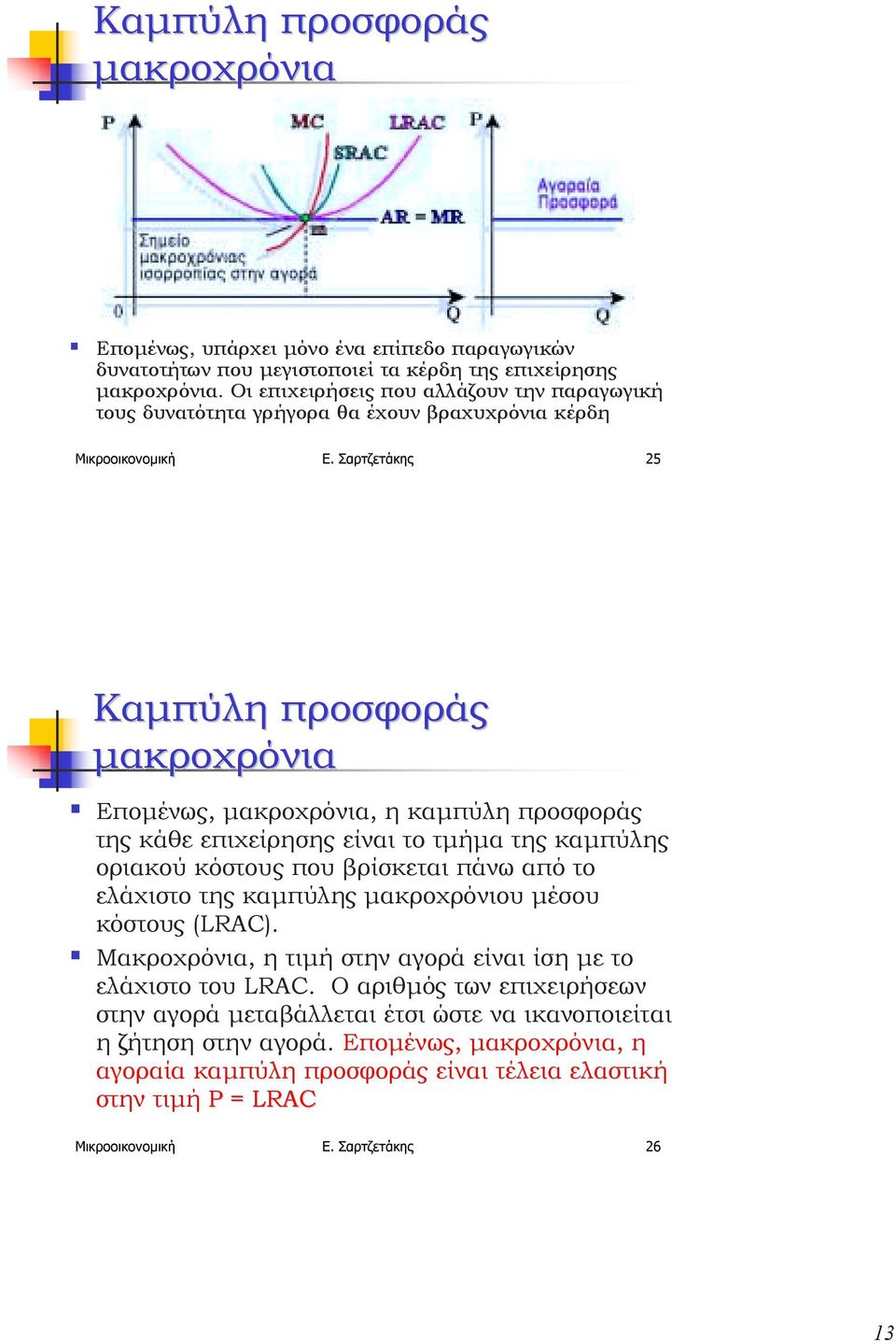 Εποµένως, µακροχρόνια, η καµπύλη προσφοράς της κάθε επιχείρησης είναι το τµήµα της καµπύλης οριακού κόστους που βρίσκεται πάνω από το ελάχιστο της καµπύλης µακροχρόνιου µέσου κόστους (LRAC).