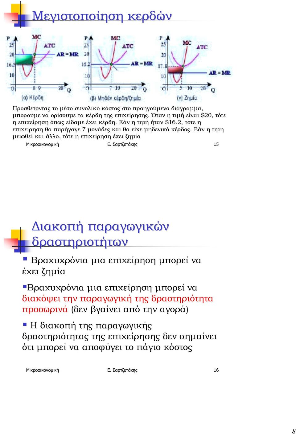 Εάν η τιµή µειωθεί και άλλο, τότε η επιχείρηση έχει ζηµία Μικροοικονοµική Ε. Σαρτζετάκης 15 ιακοπή παραγωγικών δραστηριοτήτων! Βραχυχρόνια µια επιχείρηση µπορεί να έχει ζηµία!