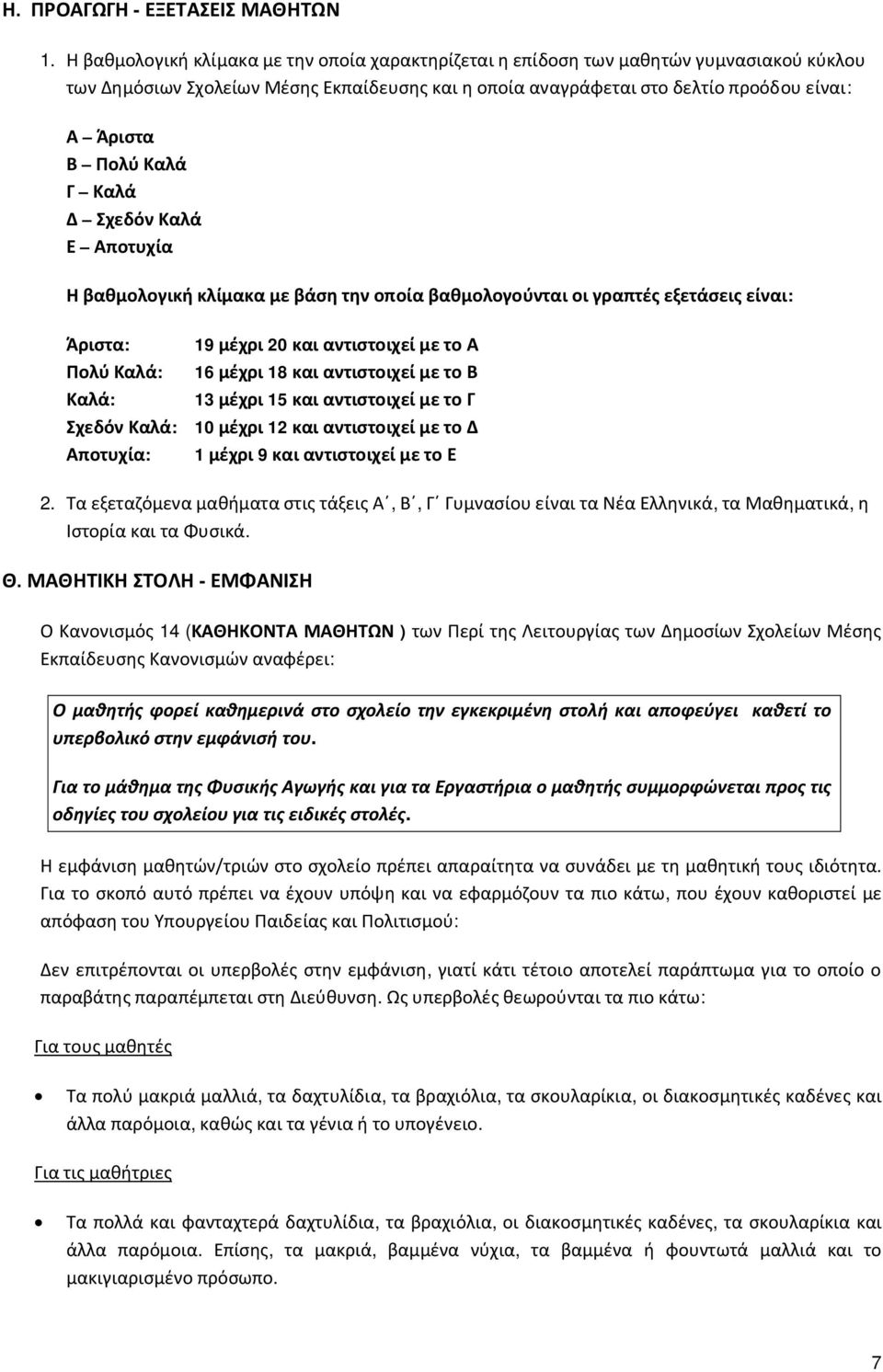 Καλά Γ Καλά Δ Σχεδόν Καλά Ε Αποτυχία Η βαθμολογική κλίμακα με βάση την οποία βαθμολογούνται οι γραπτές εξετάσεις είναι: Άριστα: 19 μέχρι 20 και αντιστοιχεί με το Α Πολύ Καλά: 16 μέχρι 18 και