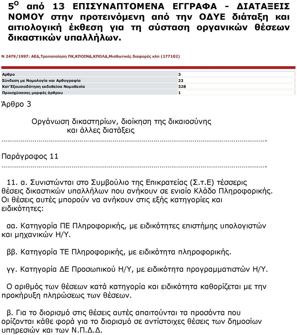 3 Οργάνωση δικαστηρίων, διοίκηση της δικαιοσύνης και άλλες διατάξεις. Παράγραφος 11. 11. α. Συνιστώνται στο Συµβούλιο της Επικρατείας (Σ.τ.Ε) τέσσερις θέσεις δικαστικών υπαλλήλων που ανήκουν σε ενιαίο Κλάδο Πληροφορικής.