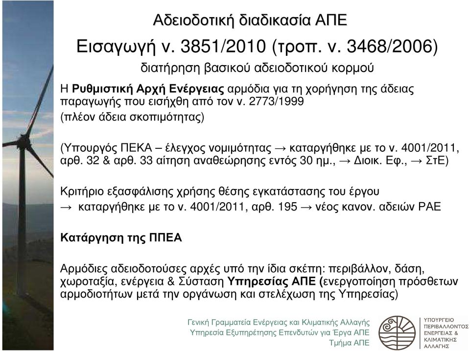 2773/1999 (πλέον άδεια σκοπιµότητας) (Υπουργός ΠΕΚΑ έλεγχος νοµιµότητας καταργήθηκε µε το ν. 4001/2011, αρθ. 32 & αρθ. 33 αίτηση αναθεώρησης εντός 30 ηµ., ιοικ. Εφ.