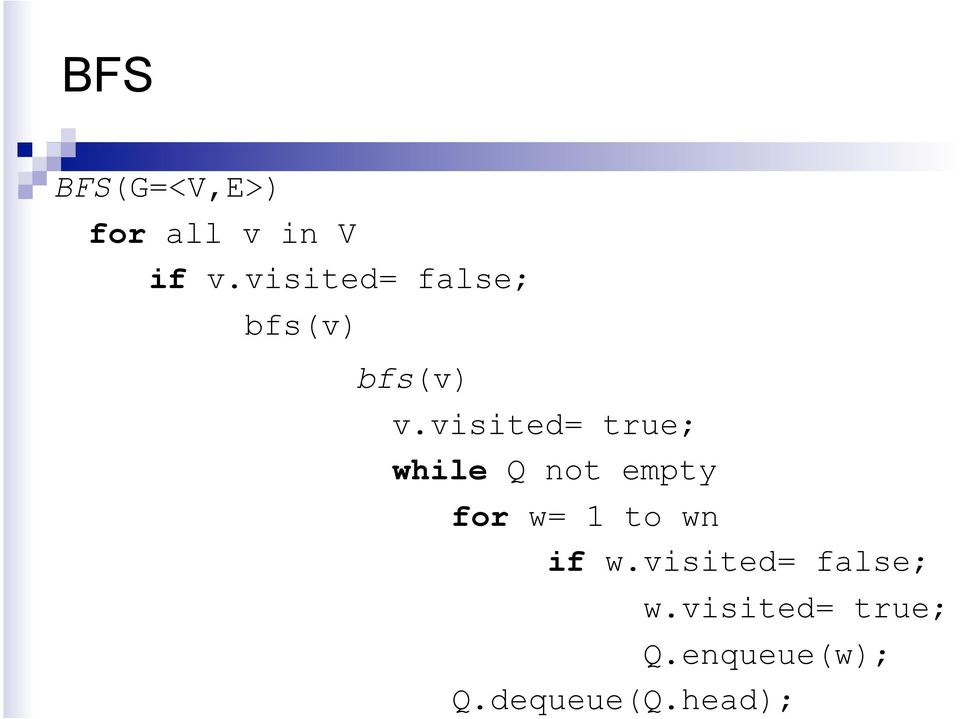 visited= true; while Q not empty for w= 1 to