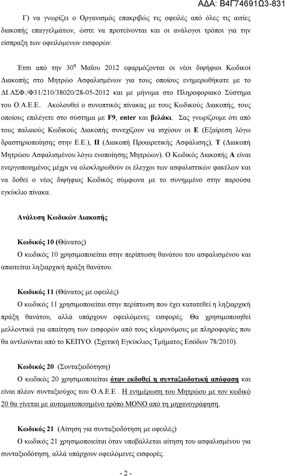 /Φ31/210/38020/28-05-2012 και με μήνυμα στο Πληροφοριακό Σύστημα του Ο.Α.Ε.Ε.. Ακολουθεί ο συνοπτικός πίνακας με τους Κωδικούς Διακοπής, τους οποίους επιλέγετε στο σύστημα με F9, enter και βελάκι.