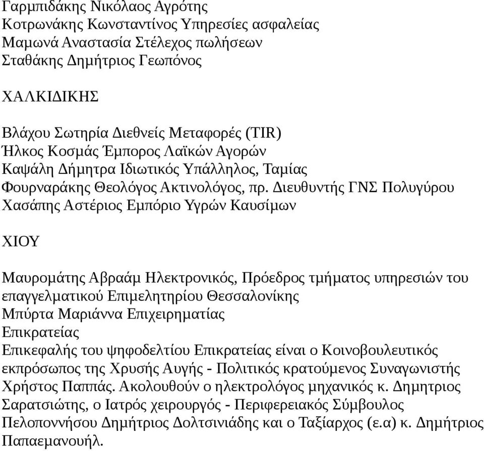 ιευθυντής ΓΝΣ Πολυγύρου Χασάπης Αστέριος Εµπόριο Υγρών Καυσίµων ΧΙΟΥ Μαυροµάτης Αβραάµ Ηλεκτρονικός, Πρόεδρος τµήµατος υπηρεσιών του επαγγελµατικού Επιµελητηρίου Θεσσαλονίκης Μπύρτα Μαριάννα