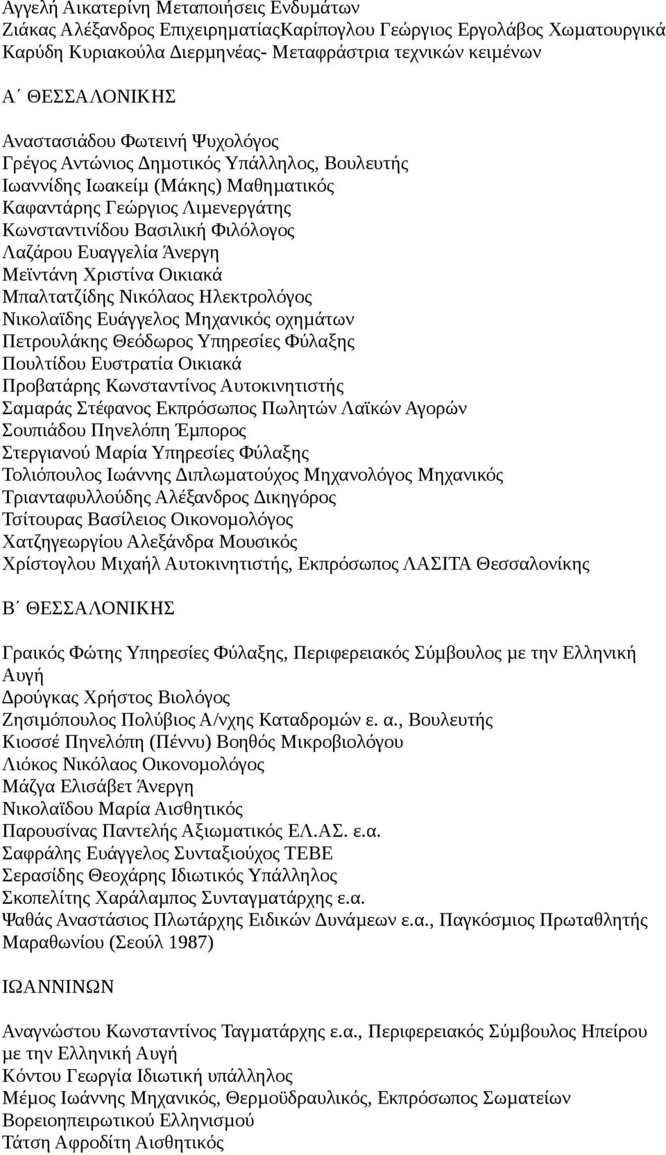 Άνεργη Μεϊντάνη Χριστίνα Οικιακά Μπαλτατζίδης Νικόλαος Ηλεκτρολόγος Νικολαϊδης Ευάγγελος Μηχανικός οχηµάτων Πετρουλάκης Θεόδωρος Υπηρεσίες Φύλαξης Πουλτίδου Ευστρατία Οικιακά Προβατάρης Κωνσταντίνος