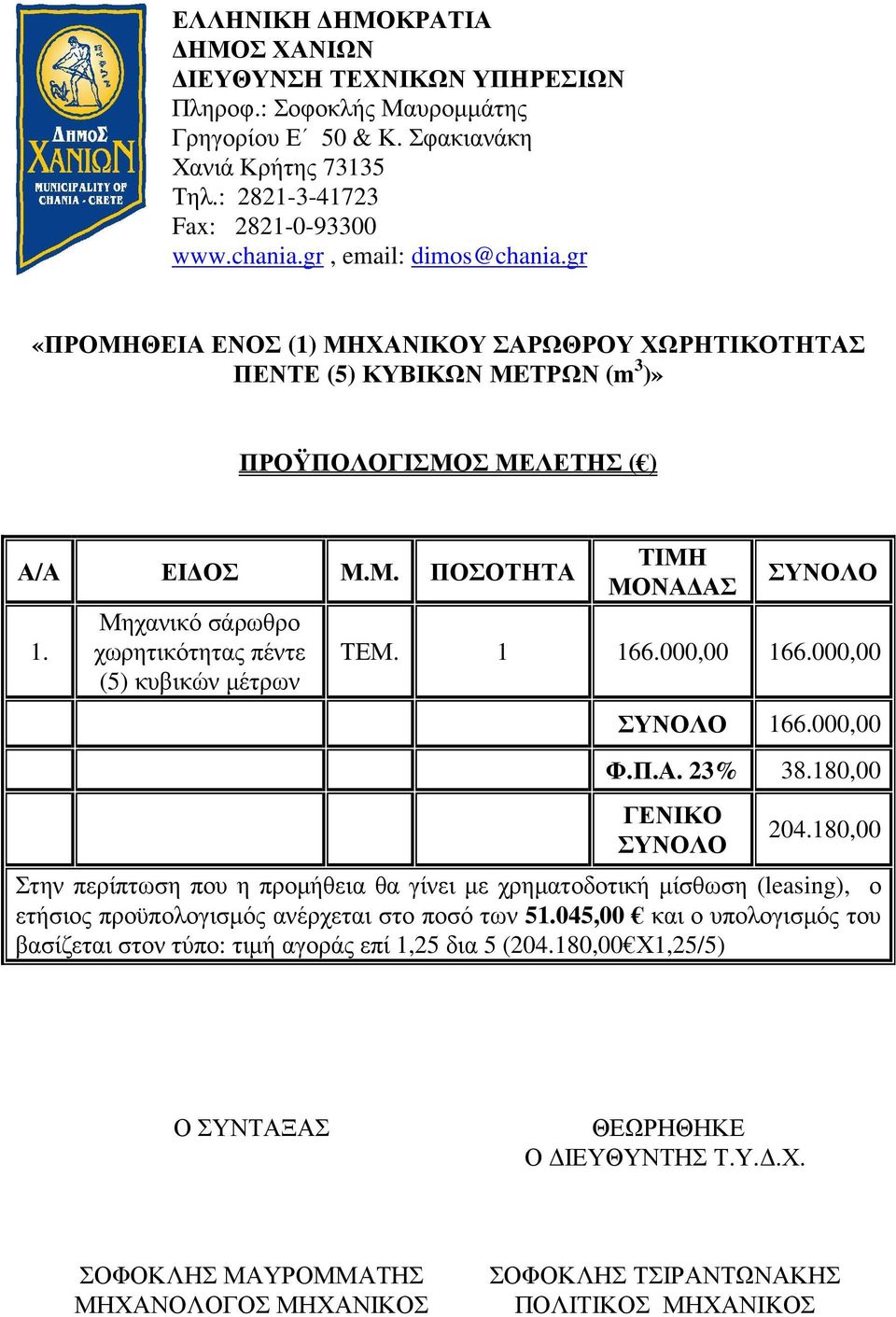 Μηχανικό σάρωθρο χωρητικότητας πέντε (5) κυβικών µέτρων ΤΙΜΗ ΜΟΝΑ ΑΣ ΣΥΝΟΛΟ ΤΕΜ. 1 166.000,00 166.000,00 ΣΥΝΟΛΟ 166.000,00 Φ.Π.Α. 23% 38.180,00 ΓΕΝΙΚΟ ΣΥΝΟΛΟ 204.