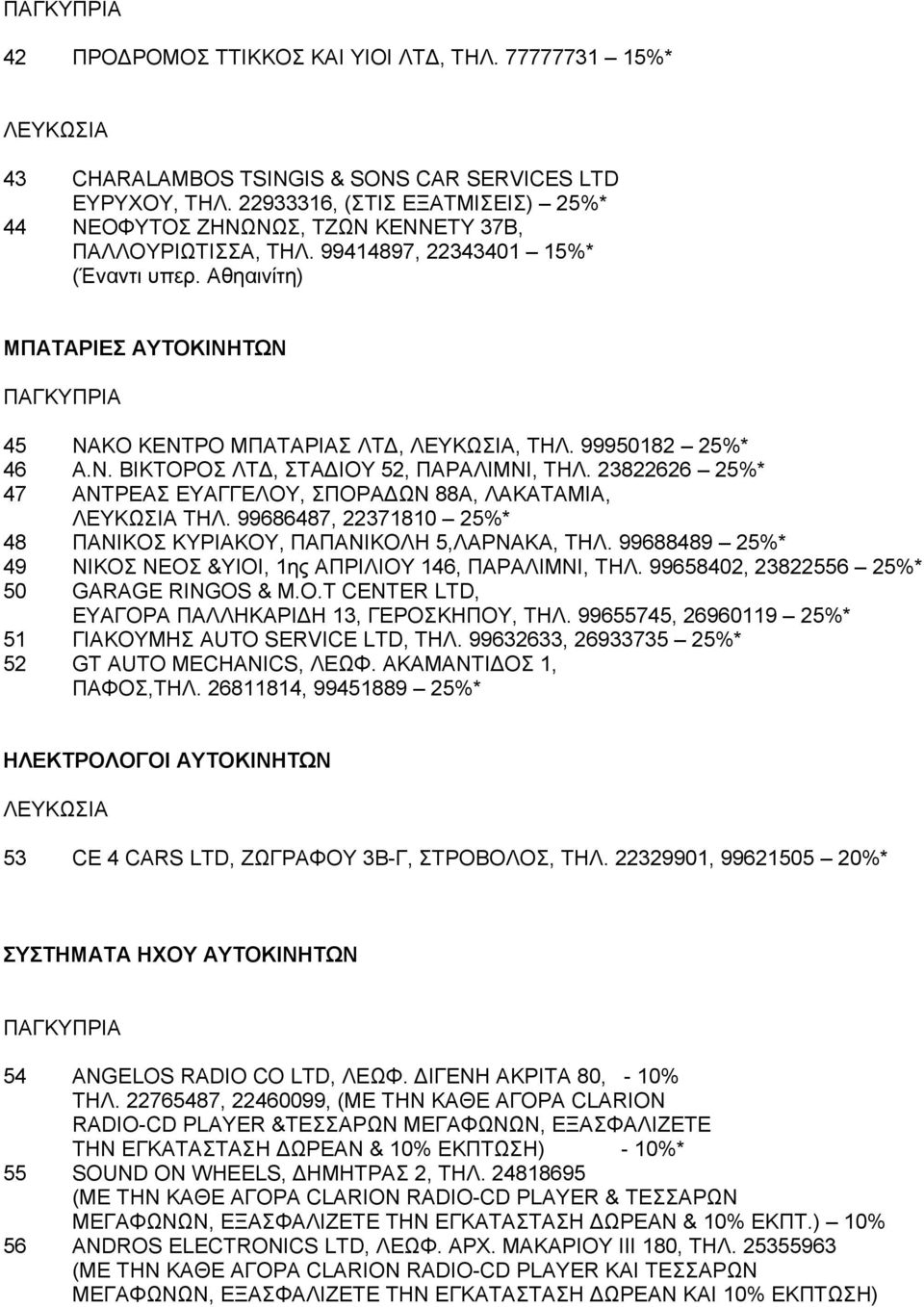 99950182 25%* 46 A.N. BIKTOPOΣ ΛT, ΣTA IOY 52, ΠAPAΛIMNI, ΤΗΛ. 23822626 25%* 47 ANTPEAΣ EYAΓΓEΛOY, ΣΠOPA ΩN 88A, ΛAKATAMIA, ΤΗΛ. 99686487, 22371810 25%* 48 ΠANIKOΣ KYPIAKOY, ΠAΠANIKOΛH 5,ΛAPNAKA, ΤΗΛ.