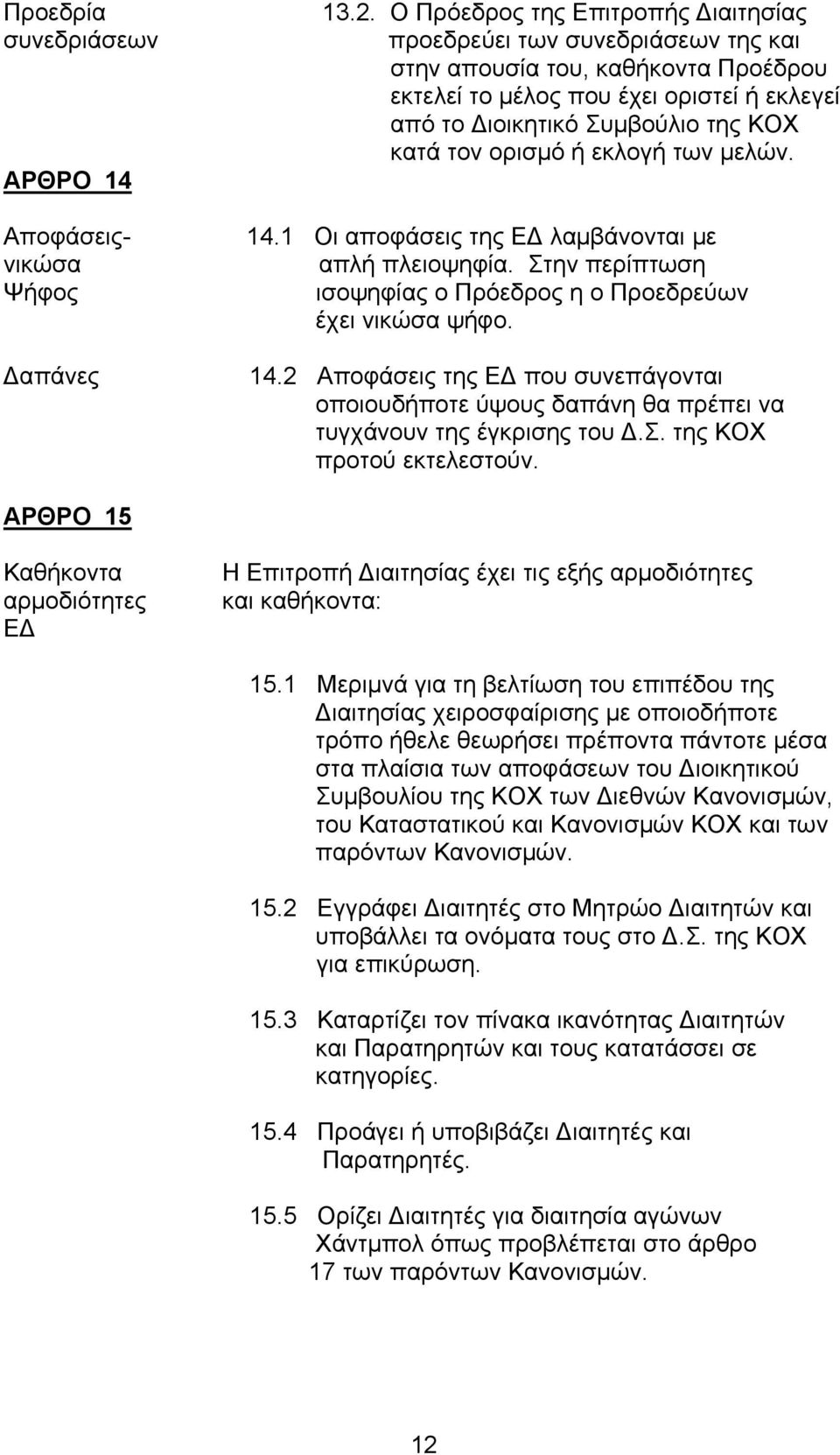 ορισμό ή εκλογή των μελών. 14.1 Οι αποφάσεις της ΕΔ λαμβάνονται με απλή πλειοψηφία. Στην περίπτωση ισοψηφίας ο Πρόεδρος η ο Προεδρεύων έχει νικώσα ψήφο. 14.2 Αποφάσεις της ΕΔ που συνεπάγονται οποιουδήποτε ύψους δαπάνη θα πρέπει να τυγχάνουν της έγκρισης του Δ.