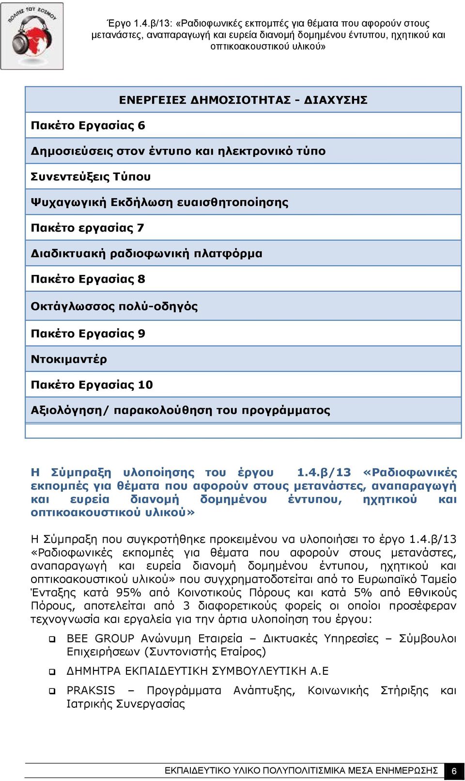 β/13 «Ραδιοφωνικές εκπομπές για θέματα που αφορούν στους μετανάστες, αναπαραγωγή και ευρεία διανομή δομημένου έντυπου, ηχητικού και Η Σύμπραξη που συγκροτήθηκε προκειμένου να υλοποιήσει το έργο 1.4.