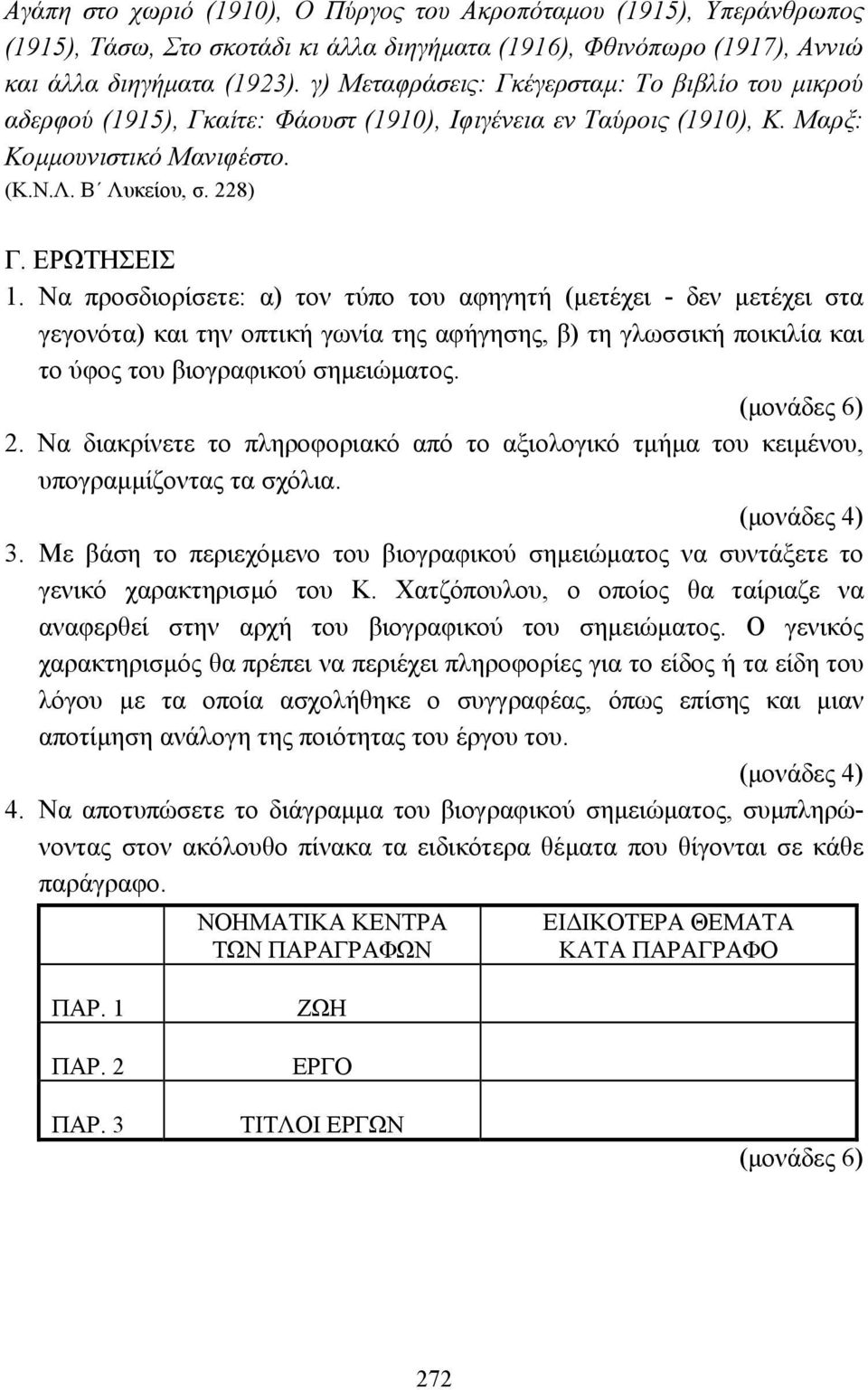 Να προσδιορίσετε: α) τον τύπο του αφηγητή (µετέχει - δεν µετέχει στα γεγονότα) και την οπτική γωνία της αφήγησης, β) τη γλωσσική ποικιλία και το ύφος του βιογραφικού σηµειώµατος. (µονάδες 6) 2.