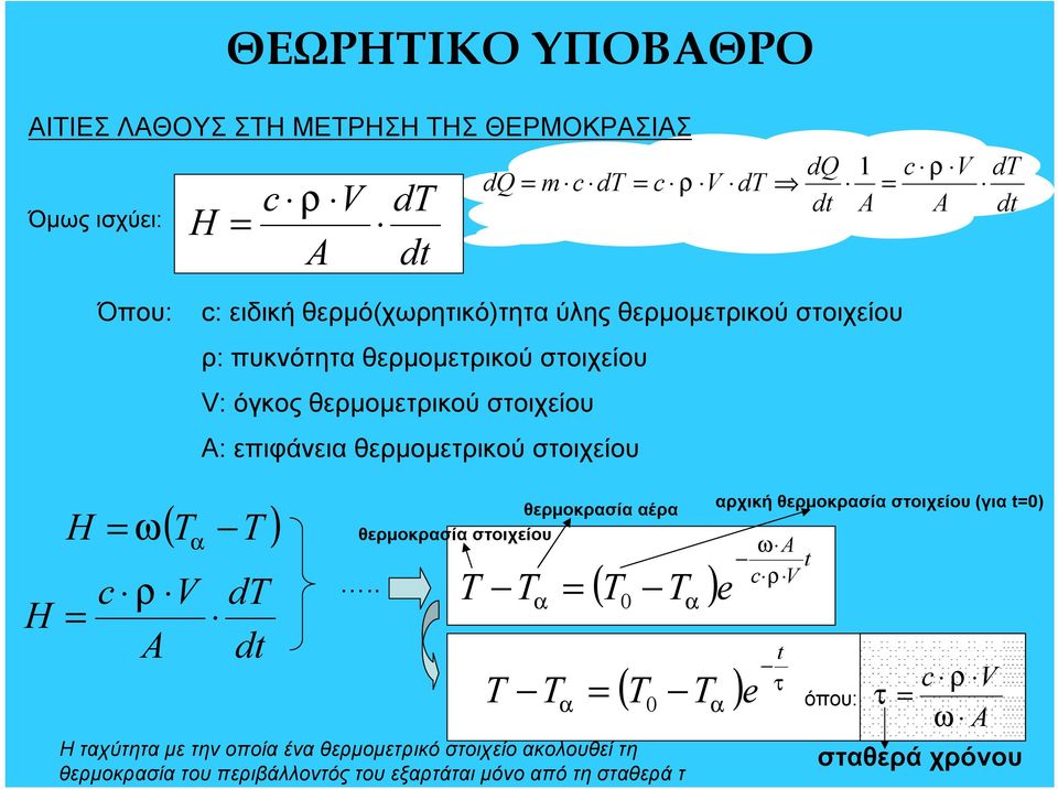 σοιχείου H H ω c θερμοκρσί έρ ( T T ) θερμοκρσί σοιχείου ρ T T ( T T ) V A dt dt T 0 e ω A t c ρ V t T ( T0 T ) e όπου: Ηχύη με ην