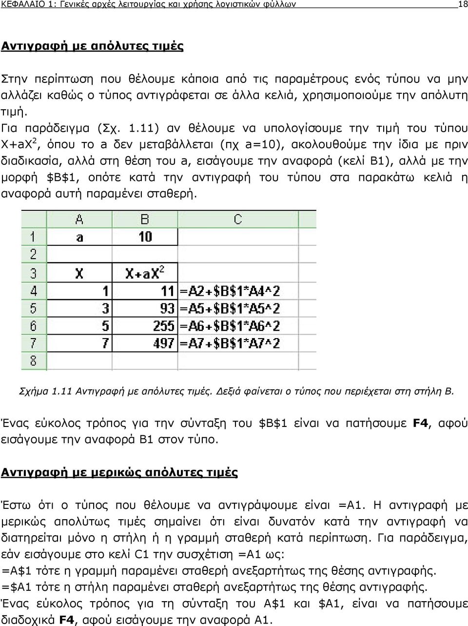 11) αν θέλουμε να υπολογίσουμε την τιμή του τύπου Χ+aΧ 2, όπου το a δεν μεταβάλλεται (πχ a=10), ακολουθούμε την ίδια με πριν διαδικασία, αλλά στη θέση του a, εισάγουμε την αναφορά (κελί Β1), αλλά με