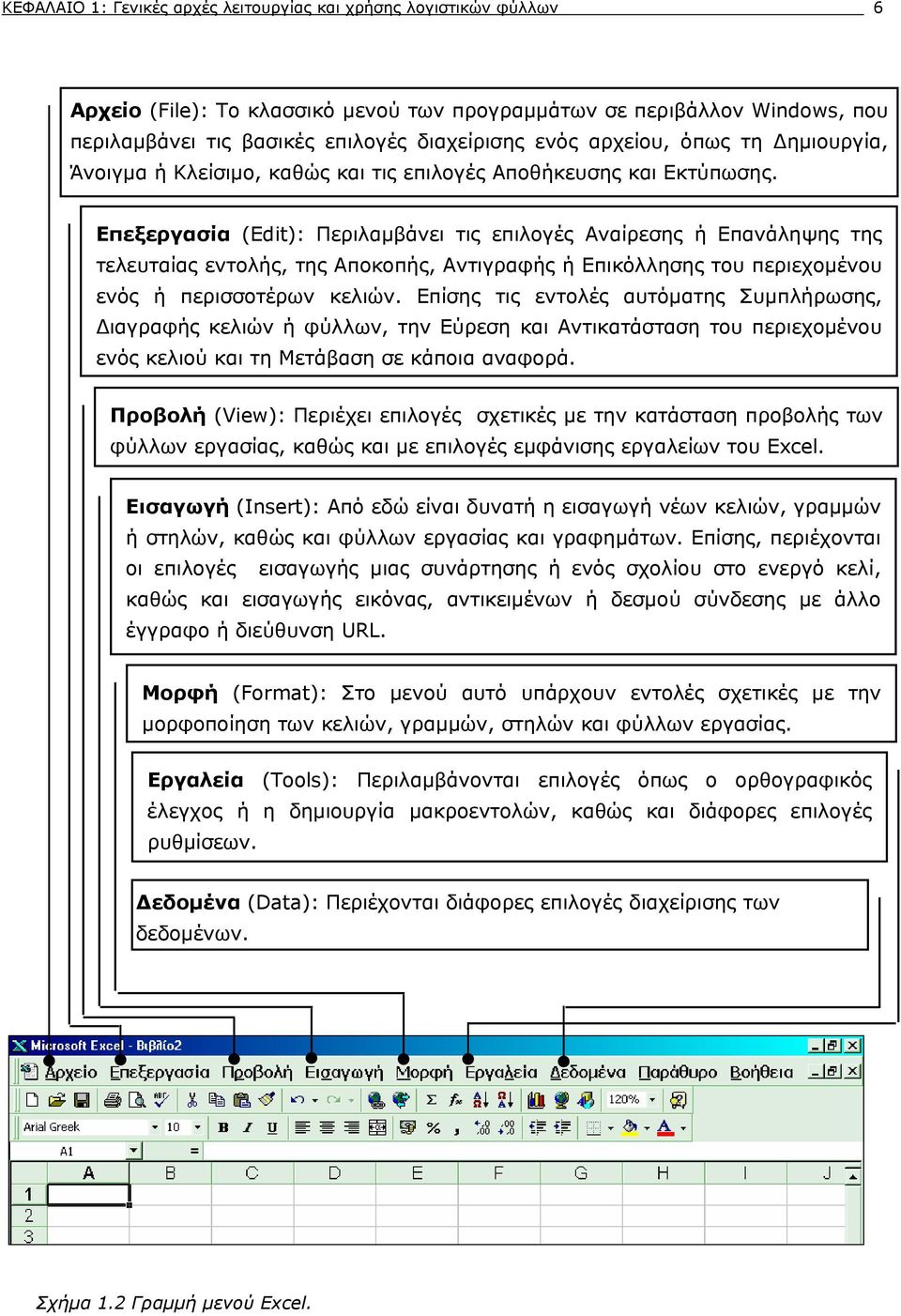 Επεξεργασία (Edit): Περιλαμβάνει τις επιλογές Αναίρεσης ή Επανάληψης της τελευταίας εντολής, της Αποκοπής, Αντιγραφής ή Επικόλλησης του περιεχομένου ενός ή περισσοτέρων κελιών.