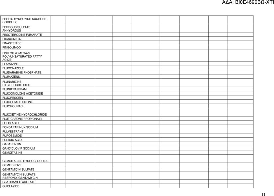 FLUORESCEIN FLUOROMETHOLONE FLUOROURACIL FLUOXETINE FLUTICASONE PROPIONATE FOLIC ACID FONDAPARINUX SODIUM FULVESTRANT FUROSEMIDE FUSIDIC ACID