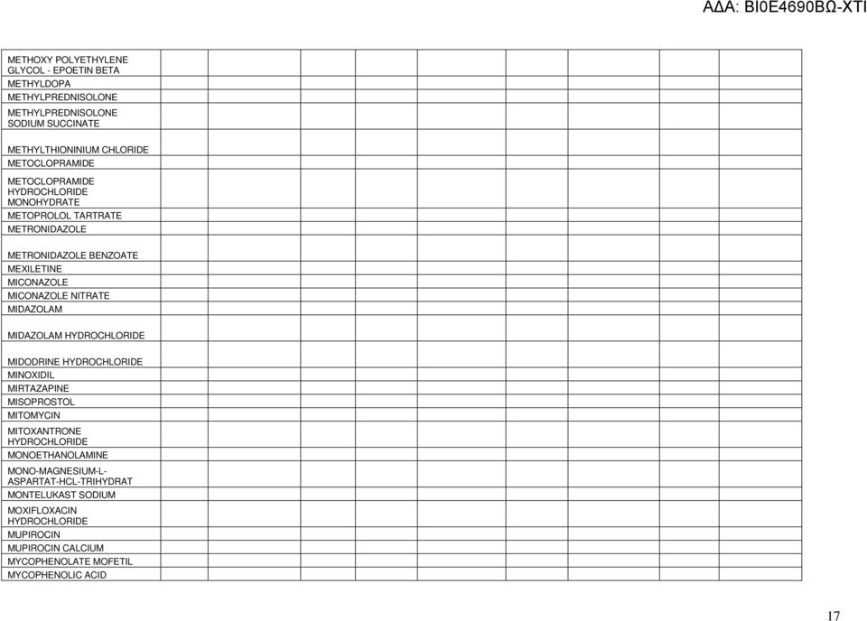 MICONAZOLE NITRATE MIDAZOLAM MIDAZOLAM MIDODRINE MINOXIDIL MIRTAZAPINE MISOPROSTOL MITOMYCIN MITOXANTRONE MONOETHANOLAMINE