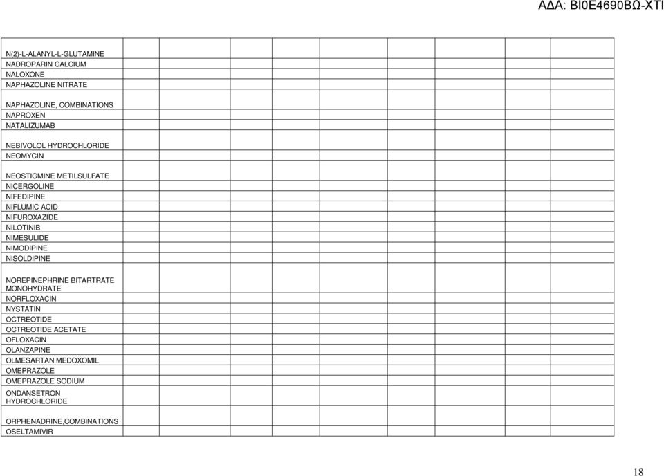 NILOTINIB NIMESULIDE NIMODIPINE NISOLDIPINE NOREPINEPHRINE BITARTRATE NORFLOXACIN NYSTATIN OCTREOTIDE OCTREOTIDE