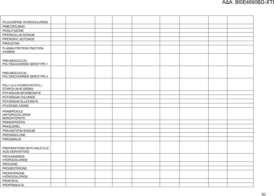 W 200000) POTASSIUM BICARBONATE POTASSIUM CHLORIDE POTASSIUM GLUCONATE POVIDONE-IODINE PRAMIPEXOLE DI PRANOPROFEN PRASUGREL