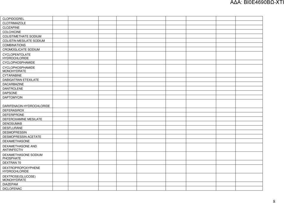 DARIFENACIN DEFERASIROX DEFERIPRONE DEFEROXAMINE MESILATE DENOSUMAB DESFLURANE DESMOPRESSIN DESMOPRESSIN ACETATE DEXAMETHASONE