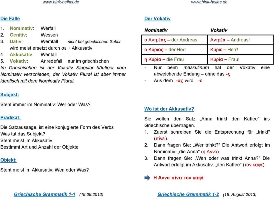 Der Vokativ Nominativ ο Αντρέας der Andreas ο Κύριος der Herr η Κυρία die Frau Vokativ Αντρέα Andreas! Κύριε Herr! Κυρία Frau!