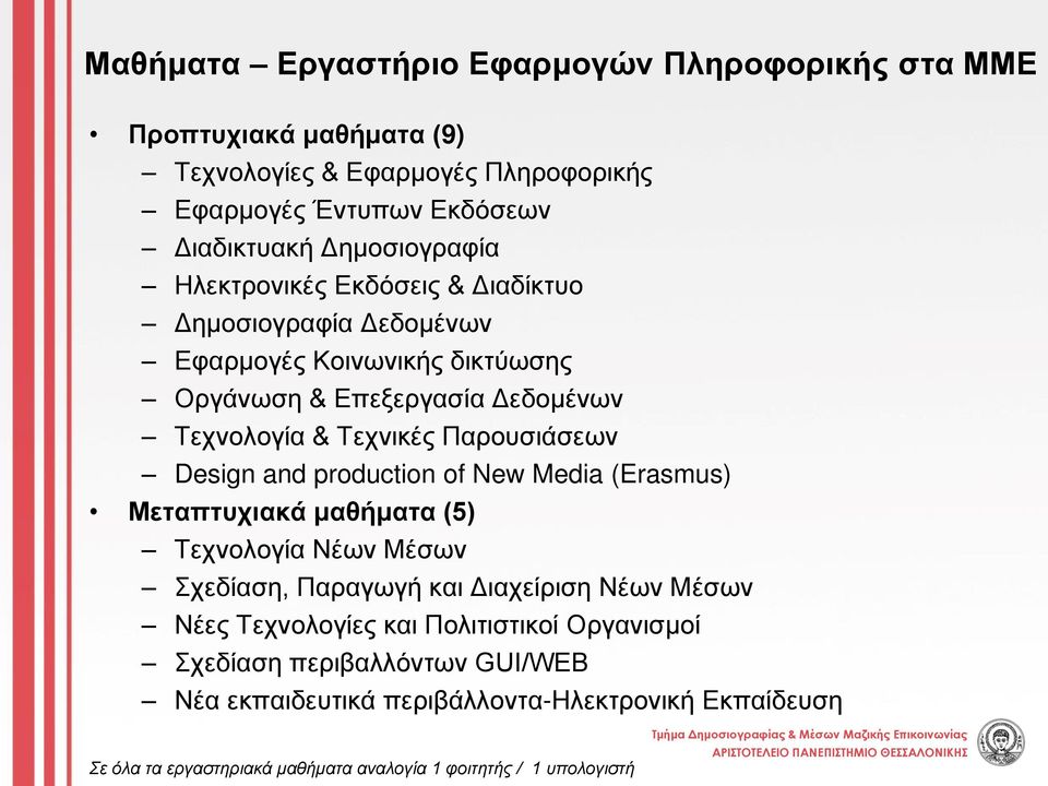 Παρουσιάσεων Design and production of New Media (Erasmus) Μεταπτυχιακά μαθήματα (5) Τεχνολογία Νέων Μέσων Σχεδίαση, Παραγωγή και Διαχείριση Νέων Μέσων Νέες