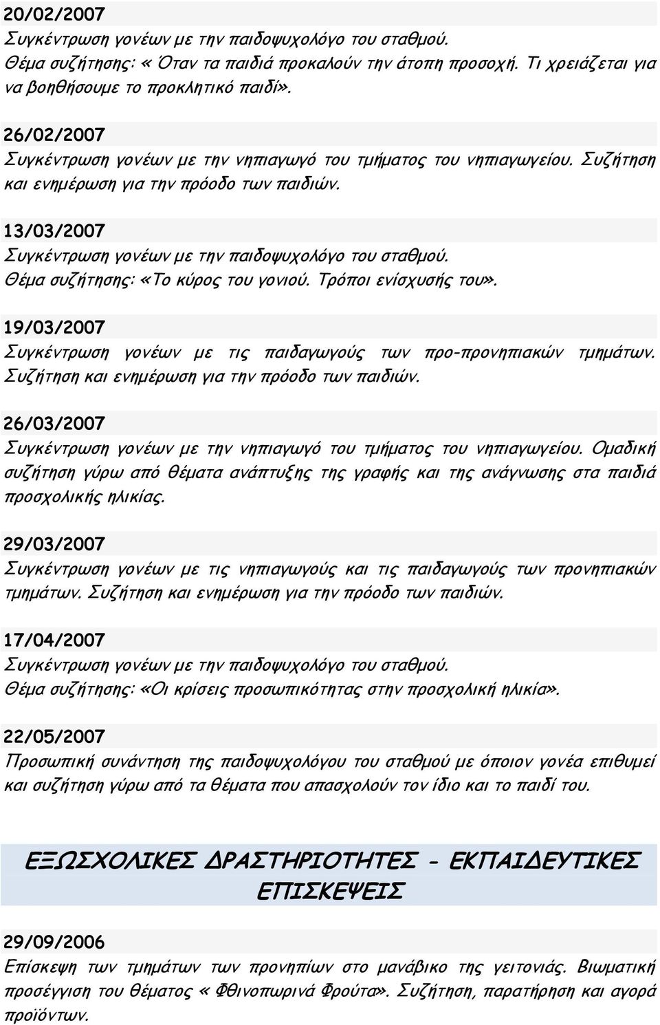 19/03/2007 Συγκέντρωση γονέων με τις παιδαγωγούς των προ-προνηπιακών τμημάτων. Συζήτηση και ενημέρωση για την πρόοδο των παιδιών.