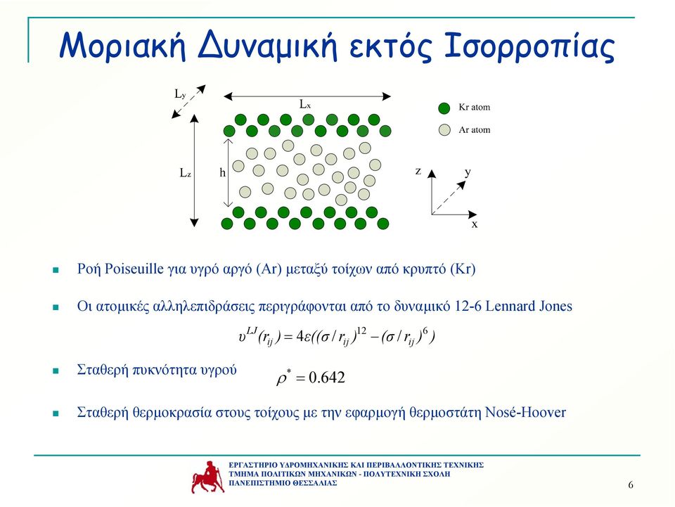 Lennard Jones υ LJ 12 (rij ) = 4 ε((σ / rij ) (σ / rij ) 6 Σταθερή πυκνότητα υγρού