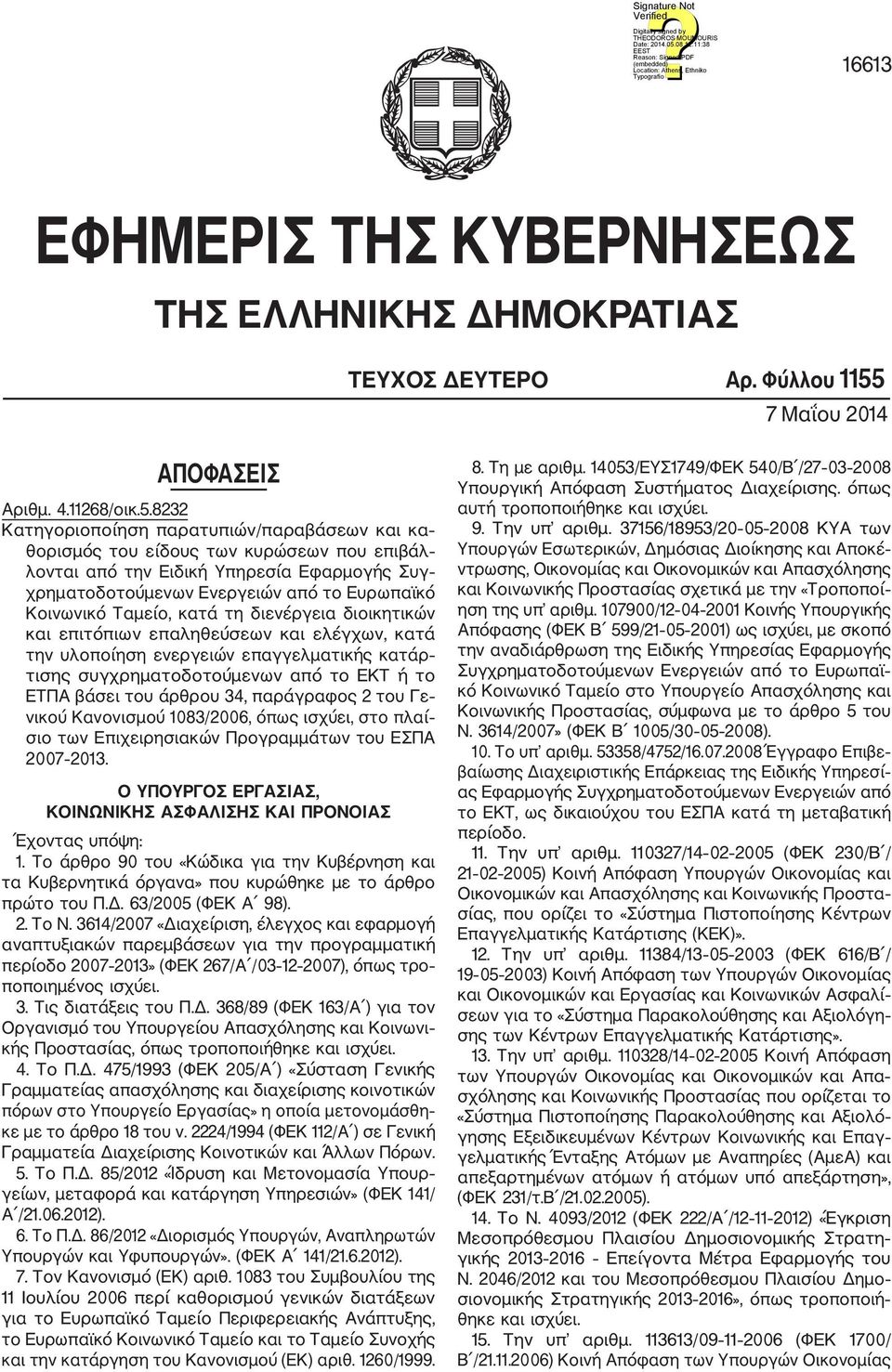 8232 Κατηγοριοποίηση παρατυπιών/παραβάσεων και κα θορισμός του είδους των κυρώσεων που επιβάλ λονται από την Ειδική Υπηρεσία Εφαρμογής Συγ χρηματοδοτούμενων Ενεργειών από το Ευρωπαϊκό Κοινωνικό