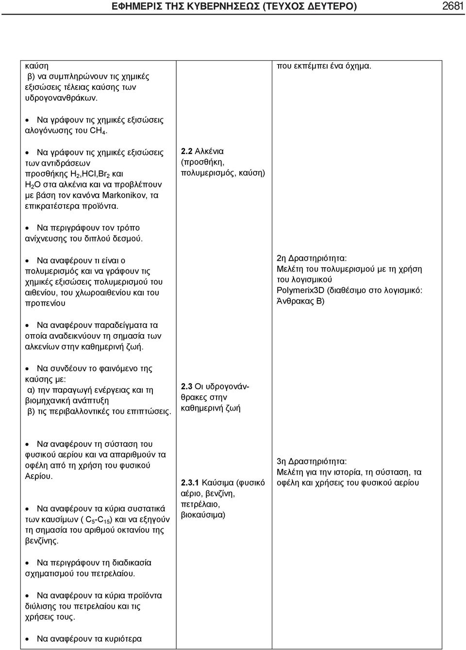 Να γράφουν τις χημικές εξισώσεις των αντιδράσεων προσθήκης H 2,HCl,Br 2 και H 2 O στα αλκένια και να προβλέπουν με βάση τον κανόνα Markonikov, τα επικρατέστερα προϊόντα. 2.2 Αλκένια (προσθήκη, πολυμερισμός, καύση) Να περιγράφουν τον τρόπο ανίχνευσης του διπλού δεσμού.