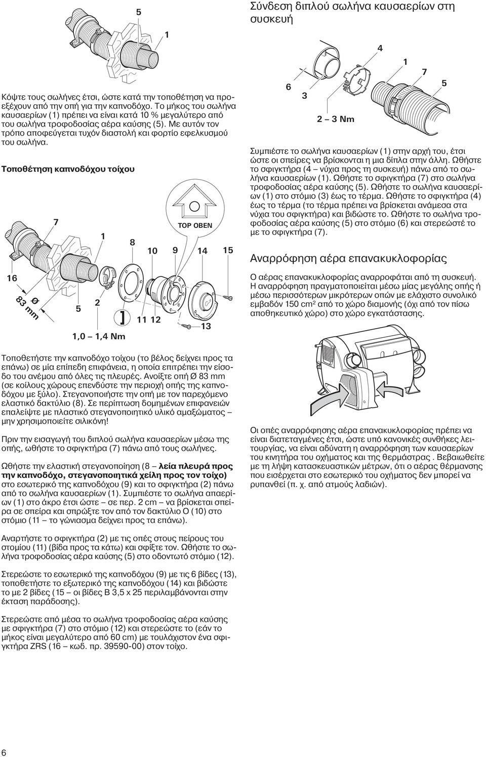 Τοποθέτηση καπνοδόχου τοίχου 7 1 8 5 1 TOP OBEN 10 9 14 15 Σύνδεση διπλού σωλήνα καυσαερίων στη συσκευή 6 3 2 3 Nm Συμπιέστε το σωλήνα καυσαερίων (1) στην αρχή του, έτσι ώστε οι σπείρες να βρίσκονται
