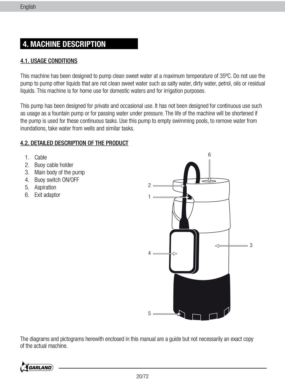 This machine is for home use for domestic waters and for irrigation purposes. This pump has been designed for private and occasional use.