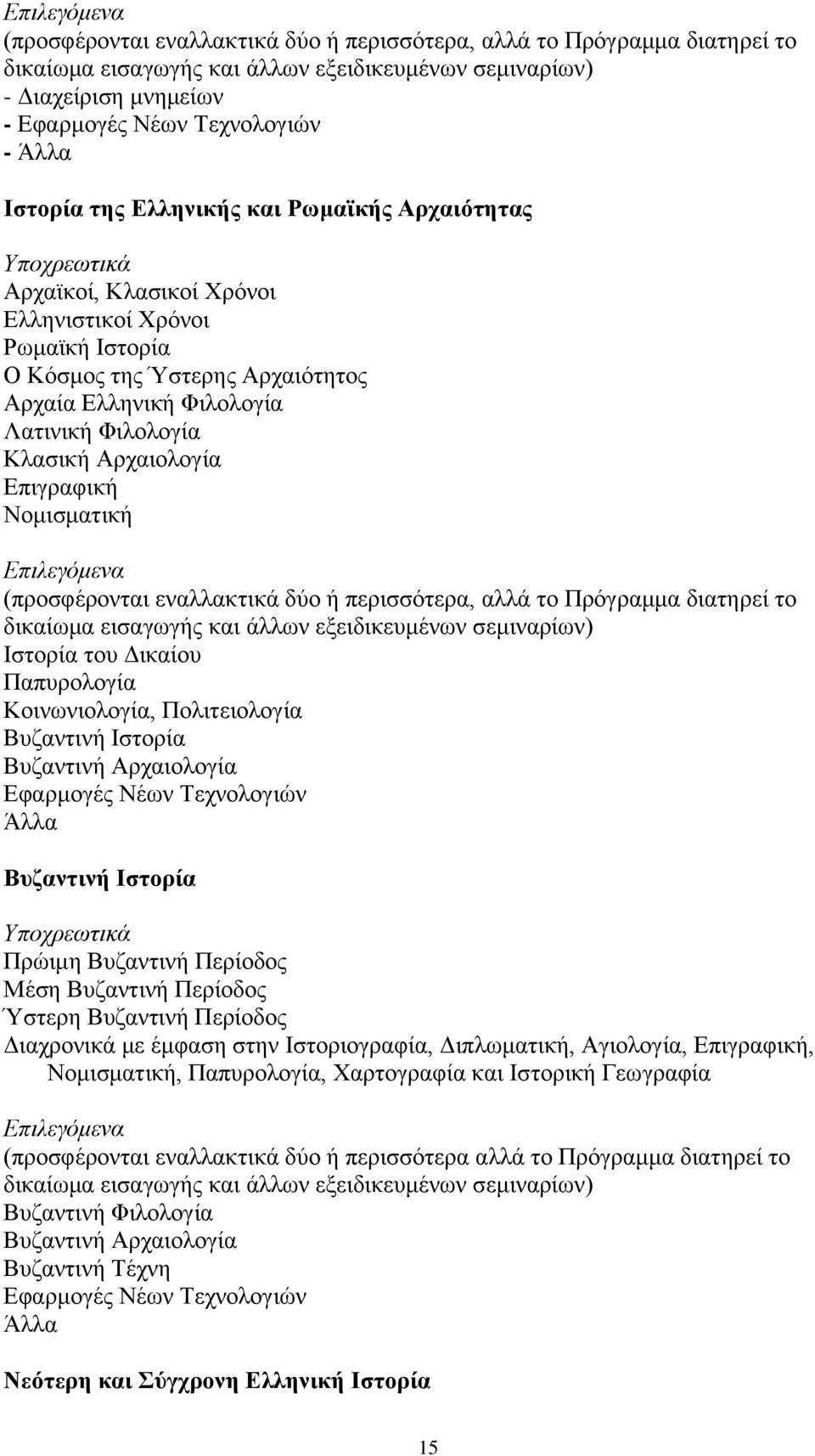 Φιλολογία Κλασική Αρχαιολογία Επιγραφική Νομισματική Επιλεγόμενα (προσφέρονται εναλλακτικά δύο ή περισσότερα, αλλά το Πρόγραμμα διατηρεί το δικαίωμα εισαγωγής και άλλων εξειδικευμένων σεμιναρίων)