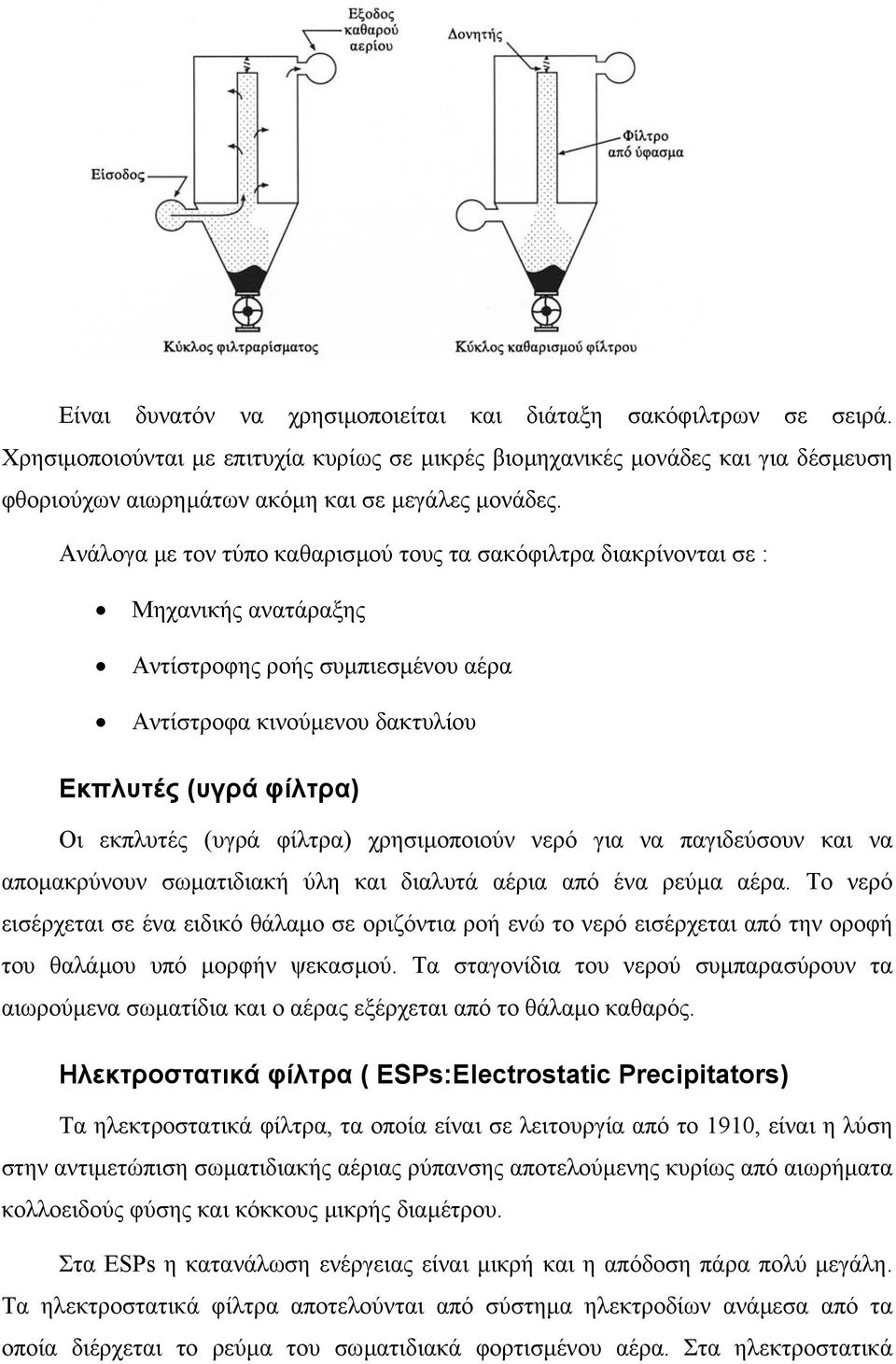 Ανάλογα µε τον τύπο καθαρισµού τους τα σακόφιλτρα διακρίνονται σε : Μηχανικής ανατάραξης Αντίστροφης ροής συµπιεσµένου αέρα Αντίστροφα κινούµενου δακτυλίου Εκπλυτές (υγρά φίλτρα) Οι εκπλυτές (υγρά