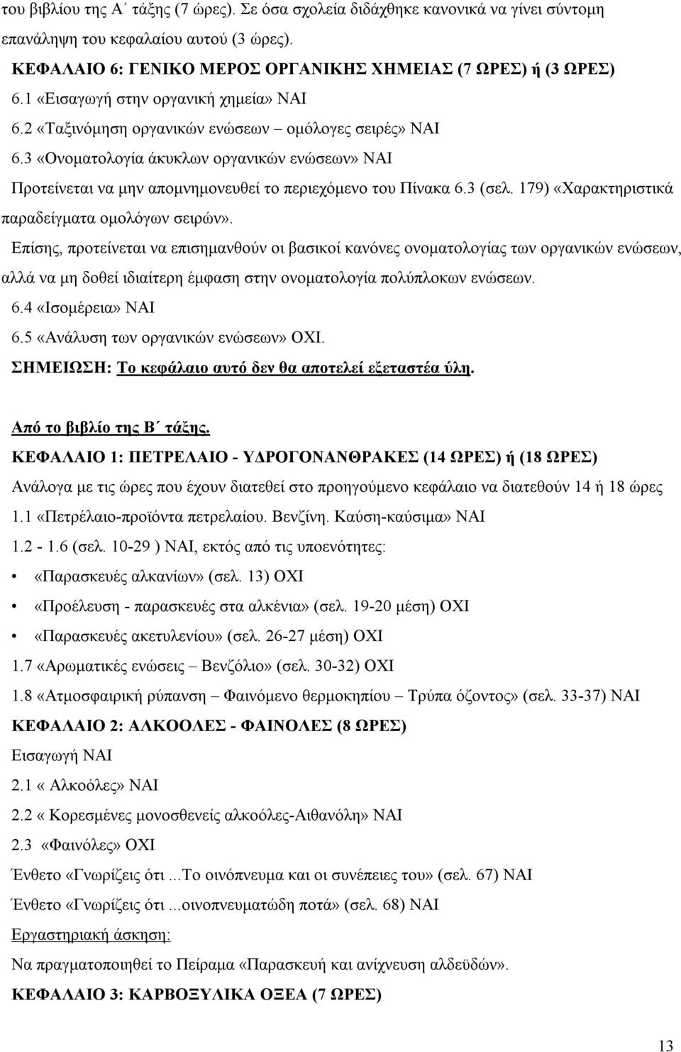 3 «Ονοματολογία άκυκλων οργανικών ενώσεων» ΝΑΙ Προτείνεται να μην απομνημονευθεί το περιεχόμενο του Πίνακα 6.3 (σελ. 179) «Χαρακτηριστικά παραδείγματα ομολόγων σειρών».