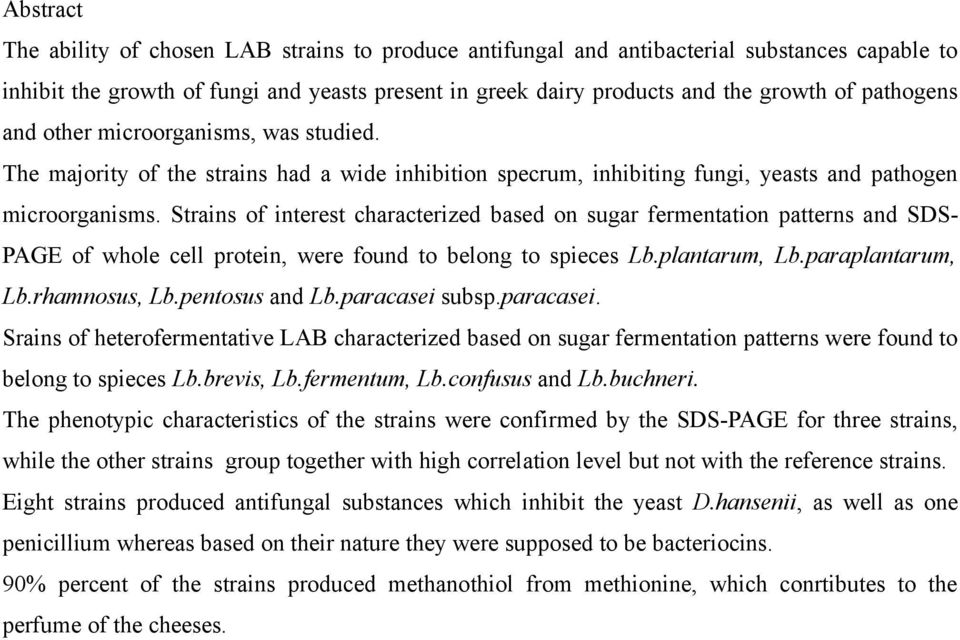 Strains of interest characterized based on sugar fermentation patterns and SDS PAGE of whole cell protein, were found to belong to spieces Lb.plantarum, Lb.paraplantarum, Lb.rhamnosus, Lb.