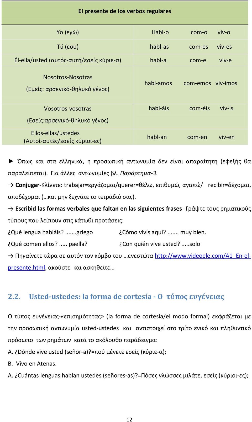 ελληνικά, η προσωπική αντωνυμία δεν είναι απαραίτητη (εφεξής θα παραλείπεται). Για άλλες αντωνυμίες βλ. Παράρτημα-3.