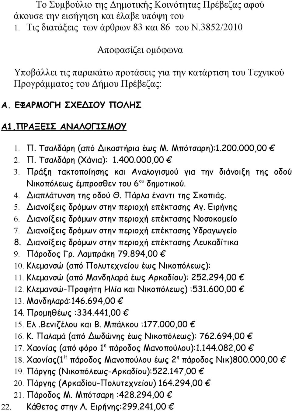 Μπότσαρη):1.200.000,00 2. Π. Τσαλδάρη (Χάνια): 1.400.000,00 3. Πράξη τακτοποίησης και Αναλογισμού για την διάνοιξη της οδού Νικοπόλεως έμπροσθεν του 6 ου δημοτικού. 4. Διαπλάτυνση της οδού Θ.