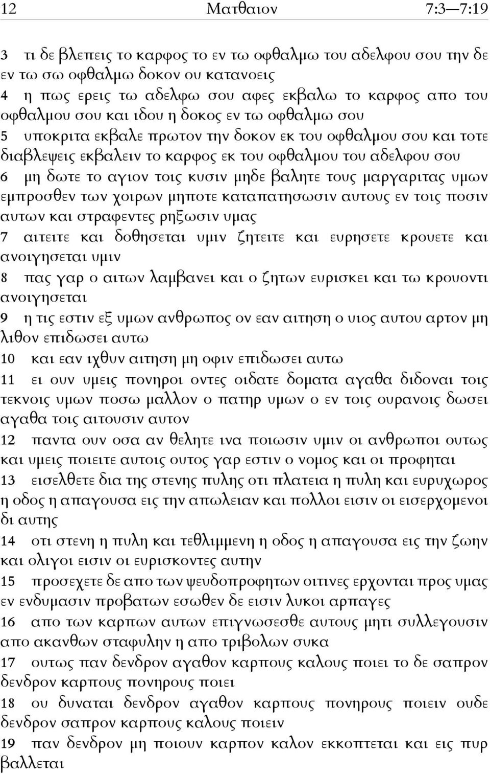 τους μαργαριτας υμων εμπροσθεν των χοιρων μηποτε καταπατησωσιν αυτους εν τοις ποσιν αυτων και στραφεντες ρηξωσιν υμας 7 αιτειτε και δοθησεται υμιν ζητειτε και ευρησετε κρουετε και ανοιγησεται υμιν 8