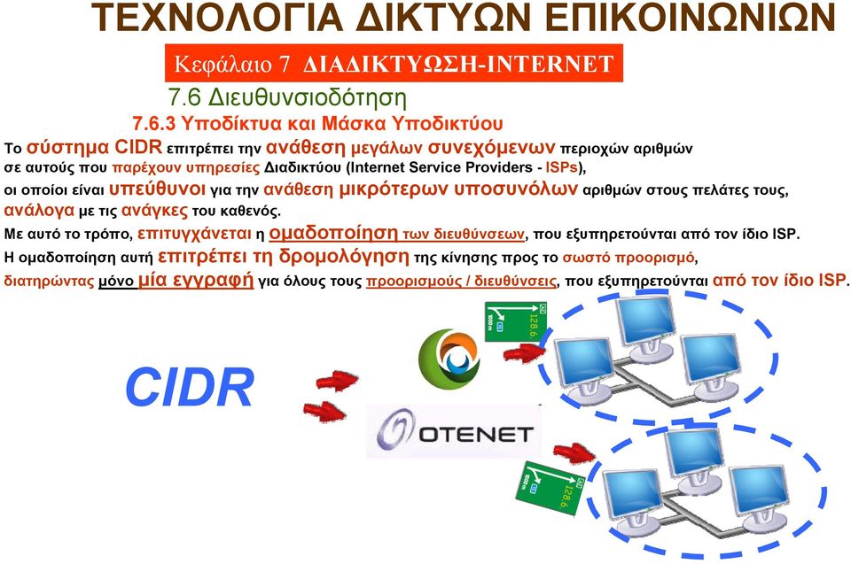 καθενός. Με αυτό το τρόπο, επιτυγχάνεται η ομαδοποίηση των διευθύνσεων, που εξυπηρετούνται από τον ίδιο ISP.