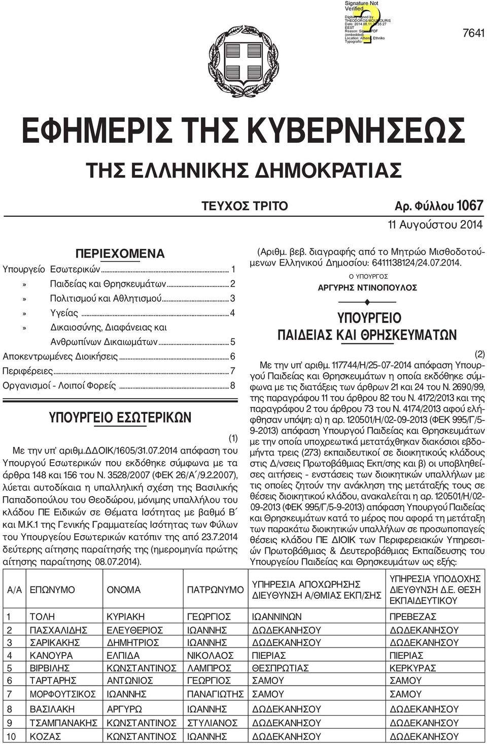 δδοικ/1605/31.07.2014 απόφαση του Υπουργού Εσωτερικών που εκδόθηκε σύμφωνα με τα άρθρα 148 και 156 του Ν. 3528/2007 (ΦΕΚ 26/Α /9.2.2007), λύεται αυτοδίκαια η υπαλληλική σχέση της Βασιλικής Παπαδοπούλου του Θεοδώρου, μόνιμης υπαλλήλου του κλάδου ΠΕ Ειδικών σε Θέματα Ισότητας με βαθμό Β και Μ.