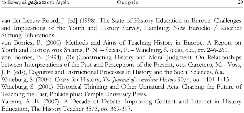 A Report on Youth and History, στο: Stearns, P. N. Seixas, P. Wineburg, S. (eds), ό.π., σσ. 246-261. von Borries, B. (1994).
