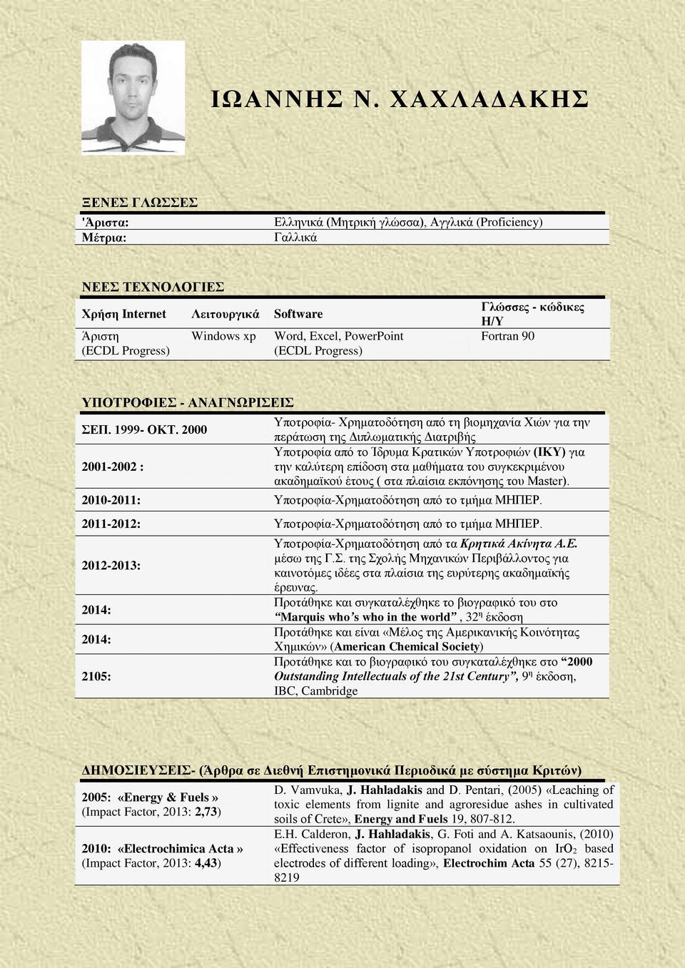 2000 2001-2002 : Υποτροφία- Χρηματοδότηση από τη βιομηχανία Χιών για την περάτωση της Διπλωματικής Διατριβής Υποτροφία από το Ίδρυμα Κρατικών Υποτροφιών (ΙΚΥ) για την καλύτερη επίδοση στα μαθήματα