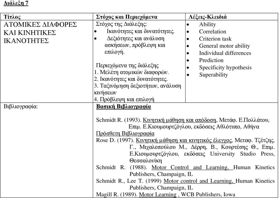 Ικανότητες και δυνατότητες. 3. Ταξινόµηση δεξιοτήτων, ανάλυση κινήσεων 4.