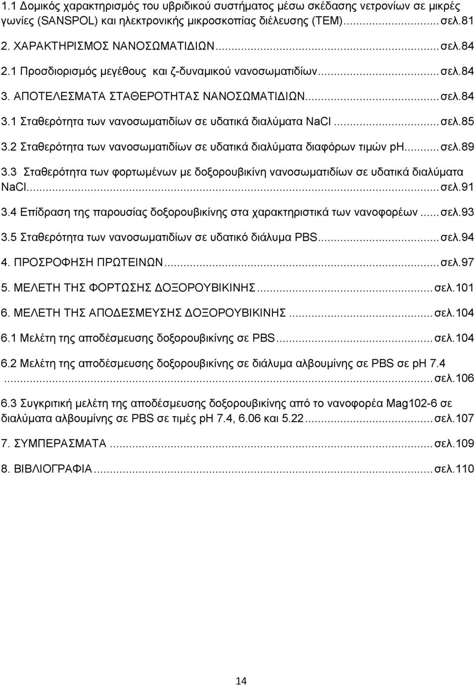 2 Σταθερότητα των νανοσωματιδίων σε υδατικά διαλύματα διαφόρων τιμών ph... σελ.89 3.3 Σταθερότητα των φορτωμένων με δοξορουβικίνη νανοσωματιδίων σε υδατικά διαλύματα NaCl... σελ.91 3.