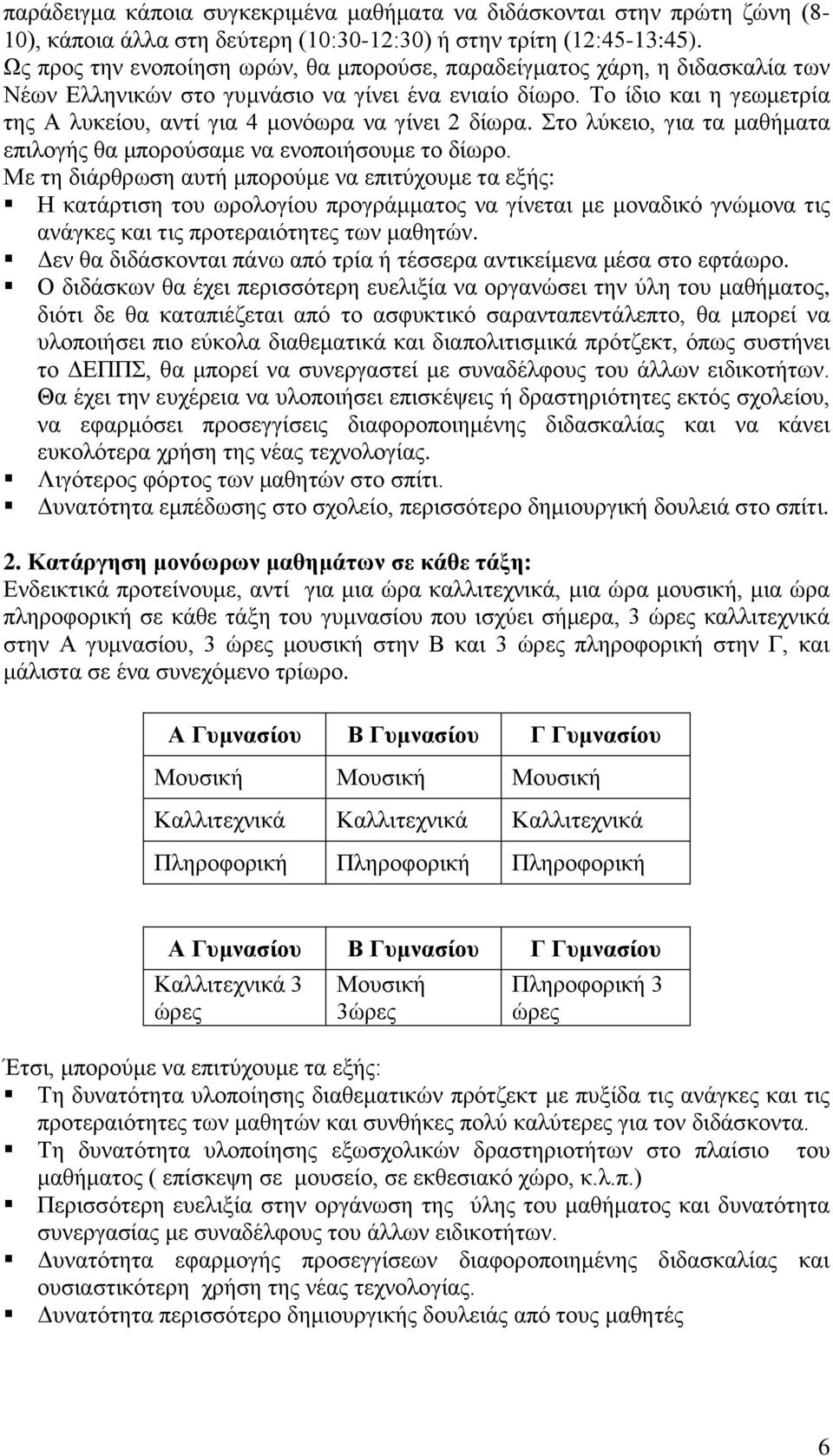 Το ίδιο και η γεωμετρία της Α λυκείου, αντί για 4 μονόωρα να γίνει 2 δίωρα. Στο λύκειο, για τα μαθήματα επιλογής θα μπορούσαμε να ενοποιήσουμε το δίωρο.