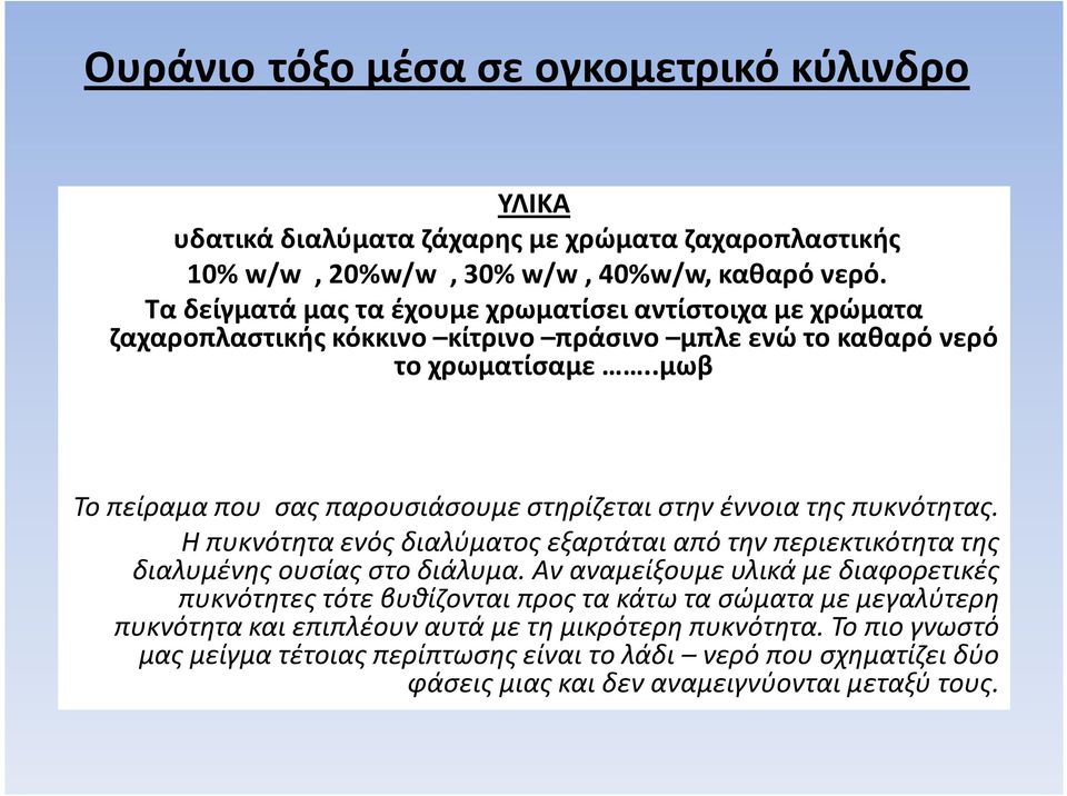 .μωβ Το πείραμα που σας παρουσιάσουμε στηρίζεται στην έννοια της πυκνότητας. Η πυκνότητα ενός διαλύματος εξαρτάται από την περιεκτικότητα της διαλυμένης ουσίας στο διάλυμα.