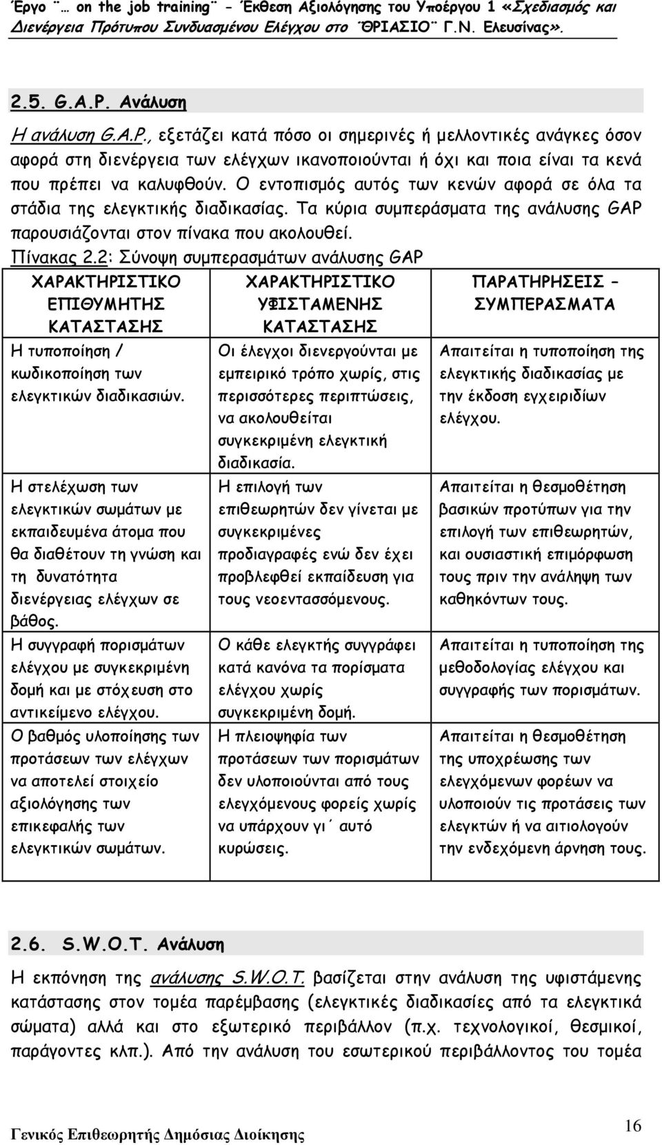 2: Σύνοψη συµπερασµάτων ανάλυσης GAP ΧΑΡΑΚΤΗΡΙΣΤΙΚΟ ΕΠΙΘΥΜΗΤΗΣ ΚΑΤΑΣΤΑΣΗΣ Η τυποποίηση / κωδικοποίηση των ελεγκτικών διαδικασιών.