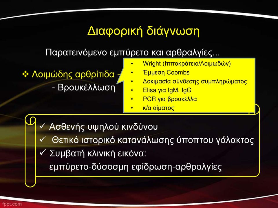 Coombs Δοκιμασία σύνδεσης συμπληρώματος Elisa για IgM, IgG PCR για βρουκέλλα κ/α αίματος