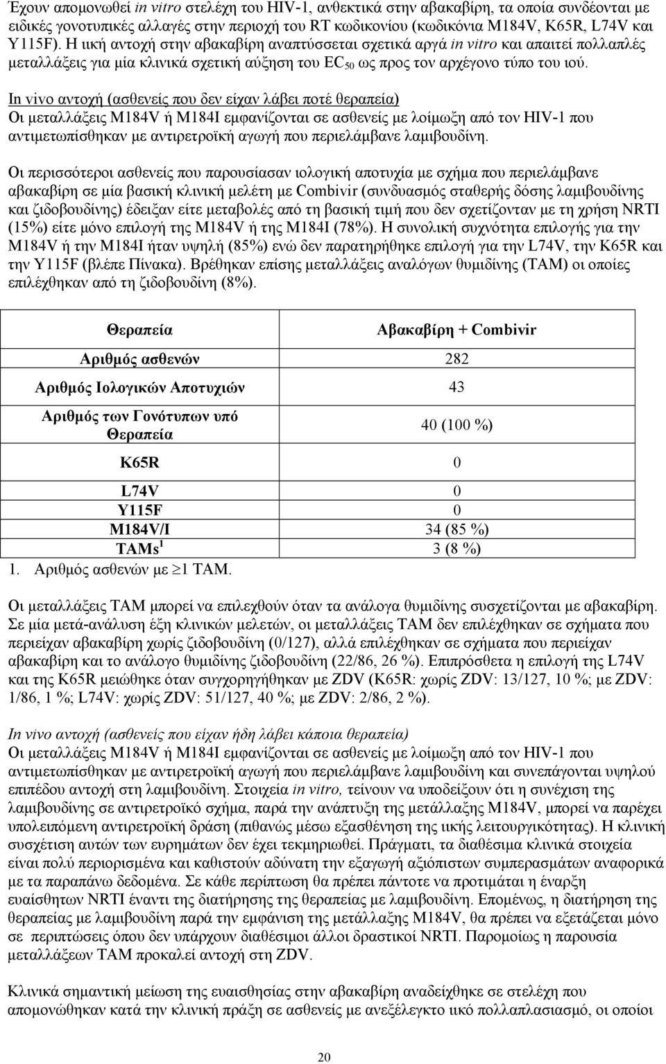 In vivo αντοχή (ασθενείς που δεν είχαν λάβει ποτέ θεραπεία) Οι μεταλλάξεις M184V ή M184I εμφανίζονται σε ασθενείς με λοίμωξη από τον HIV-1 που αντιμετωπίσθηκαν με αντιρετροϊκή αγωγή που περιελάμβανε