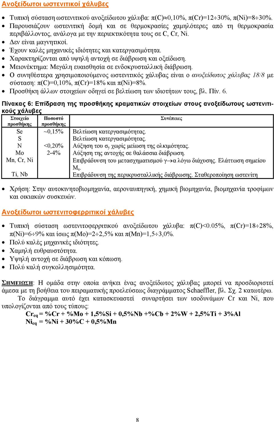 Έχουν καλές µηχανικές ιδιότητες και κατεργασιµότητα. Χαρακτηρίζονται από υψηλή αντοχή σε διάβρωση και οξείδωση. Μειονέκτηµα: Μεγάλη ευαισθησία σε ενδοκρυσταλλική διάβρωση.